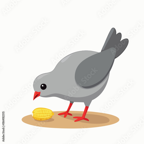 A cute cartoon grey bird with red legs pecking at a yellow corn kernel on the ground.