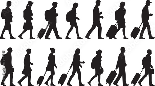 Silhouettes of people walking , Silhouettes of people walking with luggage and bags travel on transparent background , no background