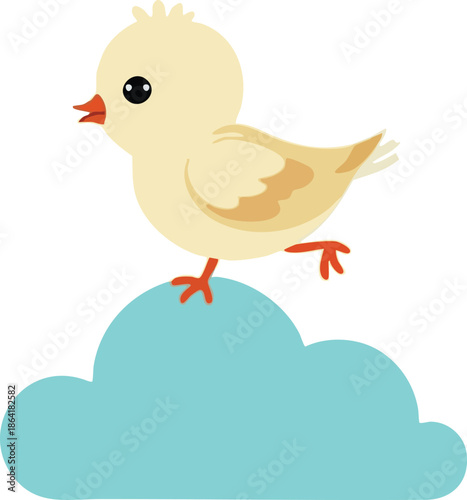A cute cartoon baby chick walking on a light blue cloud.