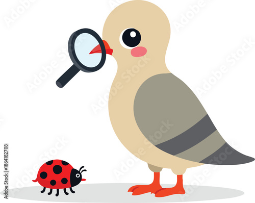 A curious cartoon bird using a magnifying glass to examine a small ladybug.