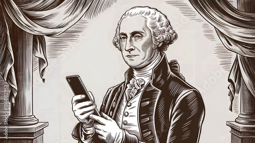 AI-Generated Vintage Engraving Style Illustration of 18th Century American Founding Figure Using Smartphone, Conceptual Contrast of History and Modern Technology, Heritage and Innovation