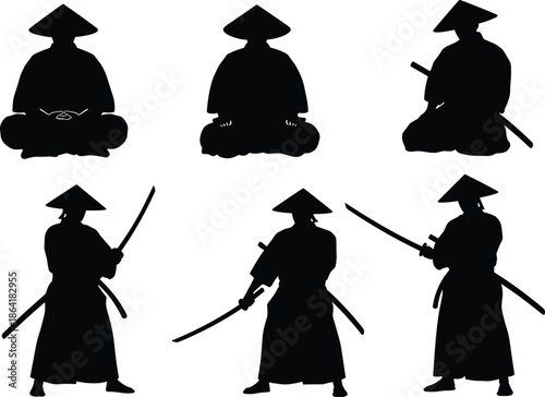 Set of black silhouettes of traditional Japanese samurai warriors wearing hats and holding katana swords in fighting poses vector illustration