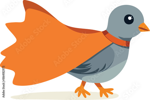 A cartoon illustration of a small grey bird wearing an orange superhero cape and collar, walking to the right.