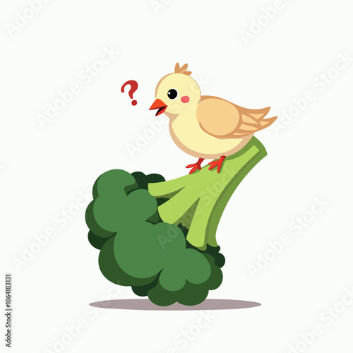 A cute cartoon yellow bird with a question mark perched on a green broccoli floret.