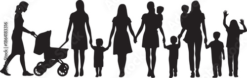 Silhouettes of women walking with children and stroller, family parenting concept, mother and kids bonding, childcare activity, parent child illustration