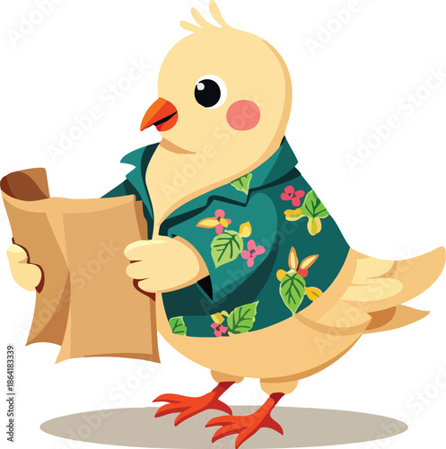 A cute cartoon yellow bird wearing a Hawaiian shirt, holding and reading a brown paper scroll with a friendly expression.