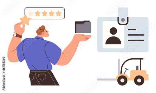Identity verification, ratings systems, warehouse operations, logistics, customer feedback, employee management. Person holding a star, ID badge folder and forklift. s identity verification