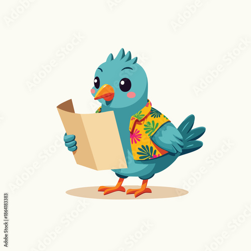 A cheerful cartoon blue bird wearing a vibrant Hawaiian shirt and holding a piece of paper, ready for adventure.