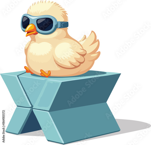 A cute cartoon chick wearing blue goggles sits on a blue X-shaped stool, looking relaxed and ready for fun.