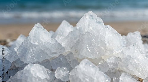 Natural white salt crystals piled on a sandy beach with blue ocean waves in the background
