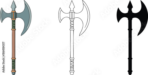 Halberd silhouette & Outline and illustration set isolated on transparent background