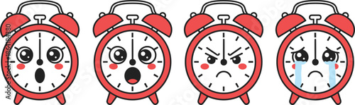Cute cartoon alarm clock emotion faces set showing surprised, shocked, angry, crying expressions flat vector illustration emoji style time management concept isolated white background