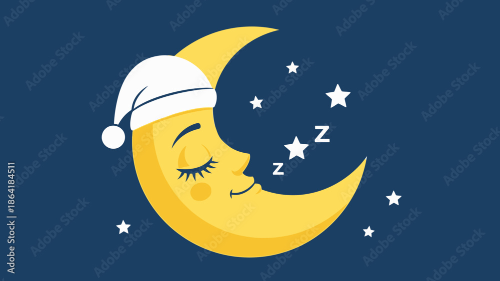 Αυτοκόλλητο Peaceful Sleeping Moon Cartoon Character Wearing a Nightcap with Stars in a Dark