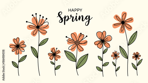 Cheerful Happy Spring Text with Blooming Wildflowers and Bees on a Warm Beige Background