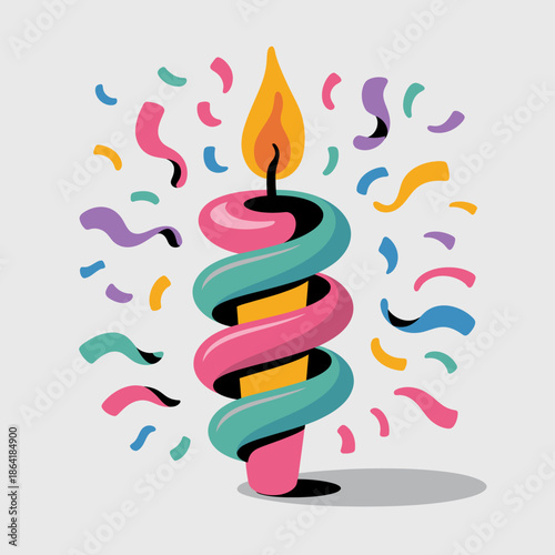 A bright, colorful candle burns surrounded by swirling confetti, symbolizing celebration, joy, and festive moments, evoking a sense of happiness and party atmosphere.