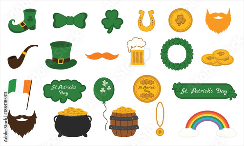 St Patrick Day Icon Set with Shamrock Leprechaun Hat Gold Coins Beer Rainbow and Irish Symbols Isolated on White Background