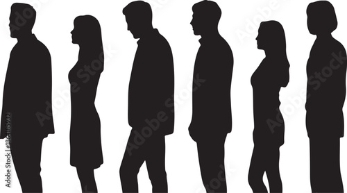 Vector silhouettes of men and a women, a group of standing and walking business people, black color isolated on white background