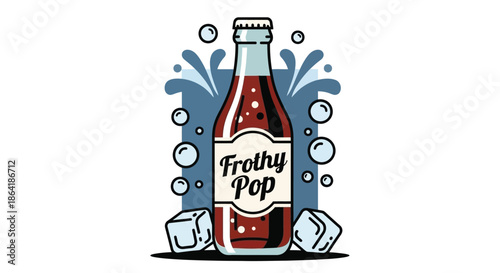 Vintage style illustration of a red soda bottle with splashing liquid and ice