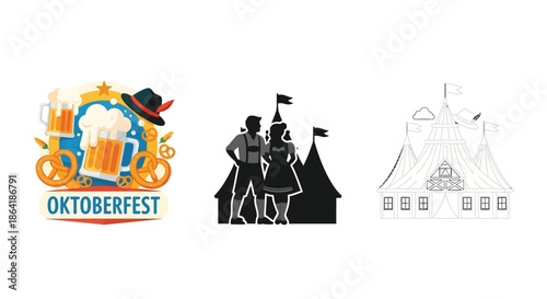 Oktoberfest celebration icons featuring beer traditional clothing and a carnival scene