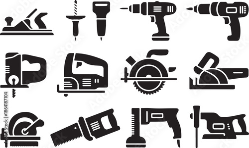 Woodworking tools silhouette illustration, power tool vector graphic, construction equipment design outline icon, carpentry workshop sketch art, handyman repair set