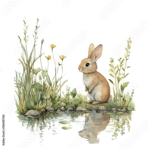 Rabbit Standing Alert, clipart watercolor vector with vivid accents and harmonious tones, isolated on a white background.