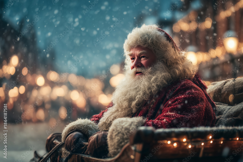 Naklejka premium Papá Noel sentado en su trineo bajo la nieve, Primer plano de Santa Claus con barba blanca y traje rojo, Postal navideña con Papá Noel para felicitar las fiestas