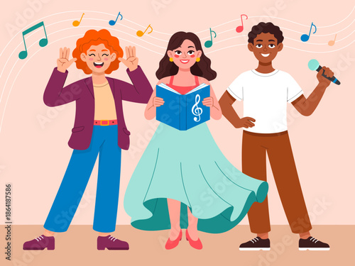 A vibrant and lively illustration of three friends singing joyfully, surrounded by musical notes, capturing the essence of friendship and the joy of music in a creative way.