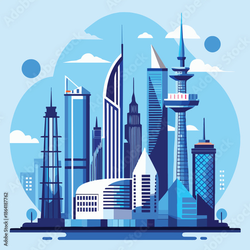 A stylish illustration depicting a modern cityscape with prominent skyscrapers and towers