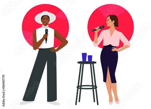 Two women stand with microphones, exuding confidence and style. The contrast of their outfits and the vibrant background create an energetic music performance atmosphere.