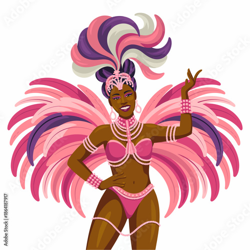 A joyous carnival performer dressed in vibrant costumes, adorned with colorful feathers and jewelry, symbolizing celebration, culture, and festive spirit.
