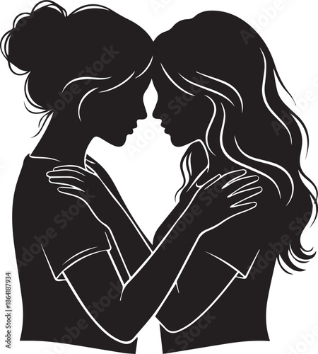 Silhouette of two women embracing with heads touching in a tender moment