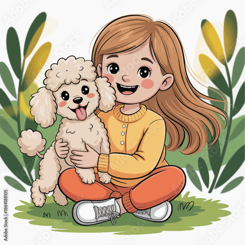 A cheerful girl sitting in the grass with her fluffy dog showcases the joy of companionship and the bond between pets and their young owners in a delightful outdoor setting.