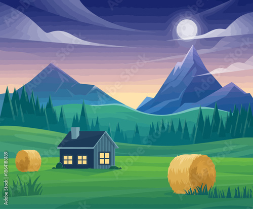 This enchanting illustration portrays a serene landscape with rolling hills, a quaint house, and a glowing moon, evoking feelings of peace and tranquility in nature.