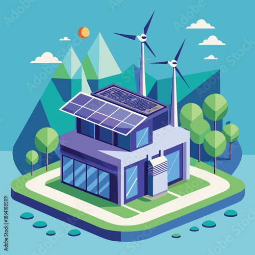 Sustainable living an isometric view of a home powered by solar and wind energy