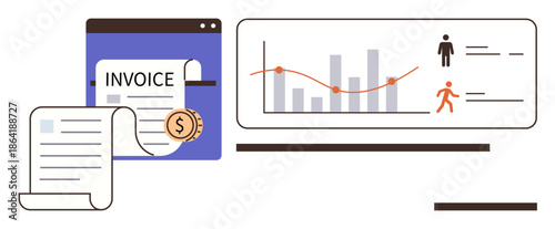 Business management, financial planning, analytics, invoice tracking, data visualization, corporate strategies. Features invoice documents, graphs growth charts and icons. Financial planning