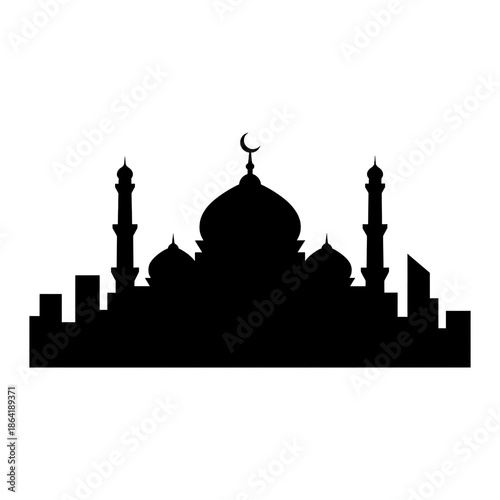 black silhouette of a mosque with minarets and dome against a white background, representing islamic architecture