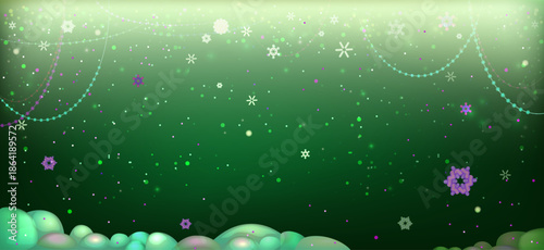 Festive Green Christmas and New Year Background with Snowflakes, Garlands and Bokeh Lights Vector Illustration