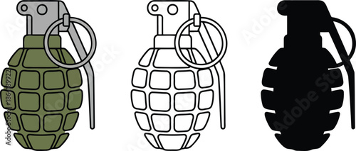Hand Grenade silhouette & Outline and illustration set isolated on transparent background