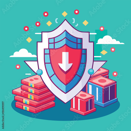 A digital shield protects stacks of data represented as building blocks from above