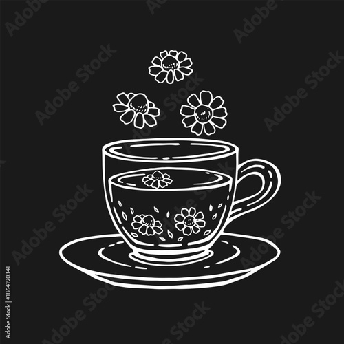 Glass cup of tea, chamomile. Hand drawn vector illustration in outline style.