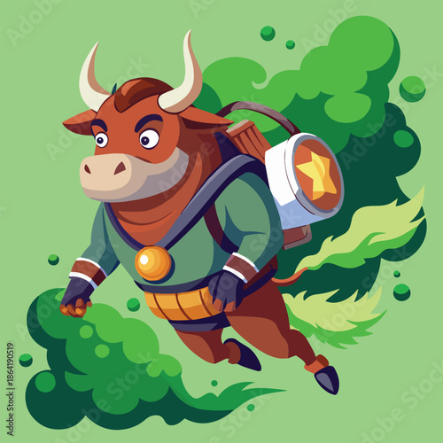 A cartoon bull wearing a jetpack and suit flies through a vibrant green sky