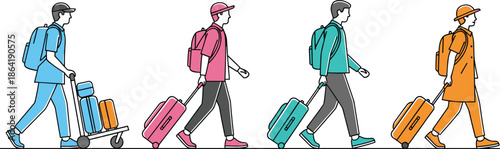 Set of colorful flat illustrations featuring various travelers walking with luggage, backpacks, and suitcases isolated on a clean white background.