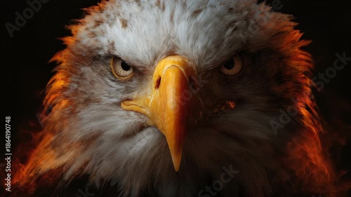 Fiery bald eagle head portrait intense gaze, Fierce gaze of a bald eagle in a head portrait, showcasing its fiery colors and intricate feather details