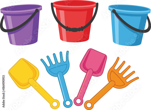 Beach toys collection, colorful buckets, sand shovels, plastic rakes, summer play tools, kids outdoor fun, sandbox gear, seaside accessories, vibrant set