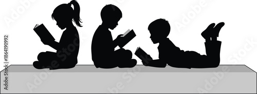 Children reading silhouettes, black figures, literacy theme, educational posture, book lovers, study icons, learning concept, reading kids, quiet moment