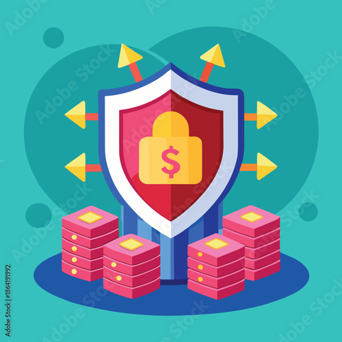 Secure financial investments protected by a shield with a lock and dollar sign