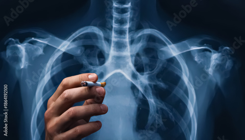Man holding lit cigarette with chest x-ray and smoke in background, illustrating the harmful effects of smoking on lung health and respiratory system.