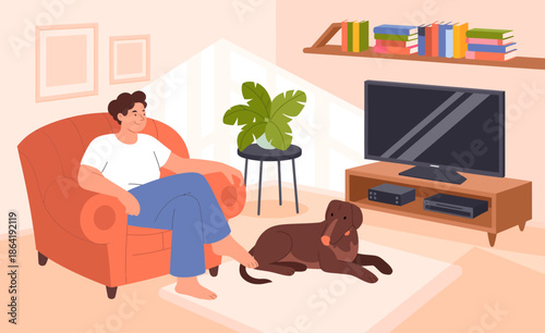 A man is seated comfortably in an orange armchair, enjoying time with a brown dog on a soft rug, surrounded by an inviting and well-decorated living room ambiance.