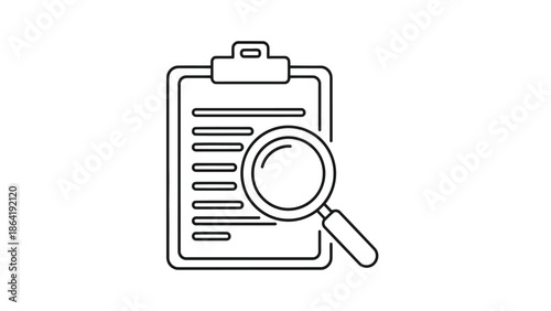 Simple line icon of a clipboard with a magnifying glass examining a document.
