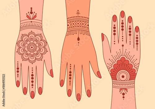 This image features three distinct hands adorned with elaborate mehndi designs, showcasing the beauty and artistry of henna, often associated with cultural celebrations and traditions.